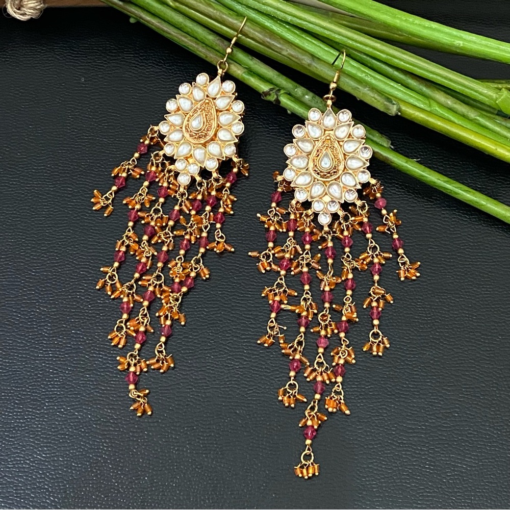 Unsigned Pink/Gold Bohemian Long Beaded Chandelier Festival Boho Earrings 35.5g
